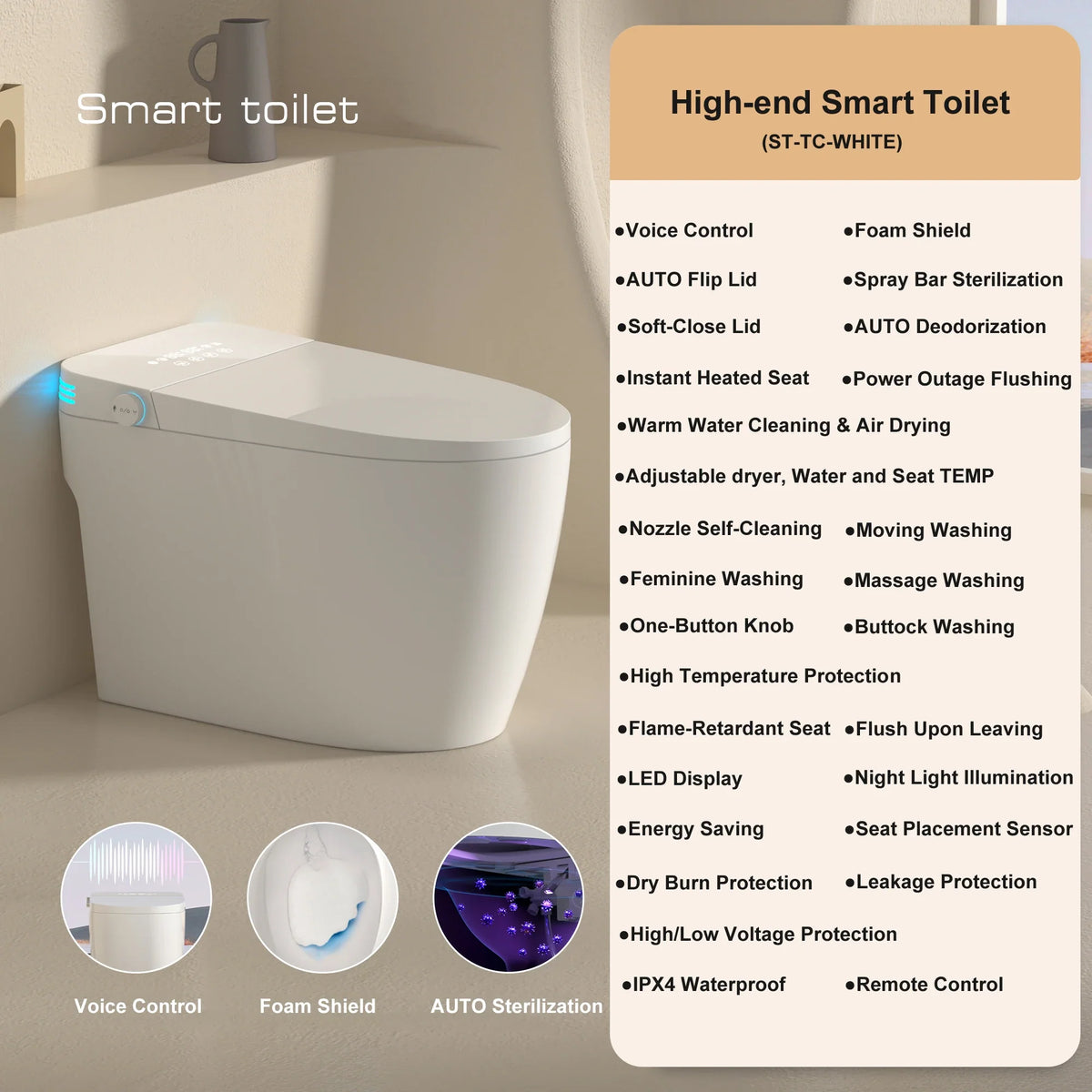 Smart Toilet with Built-in Bidet, AUTO Open/Close