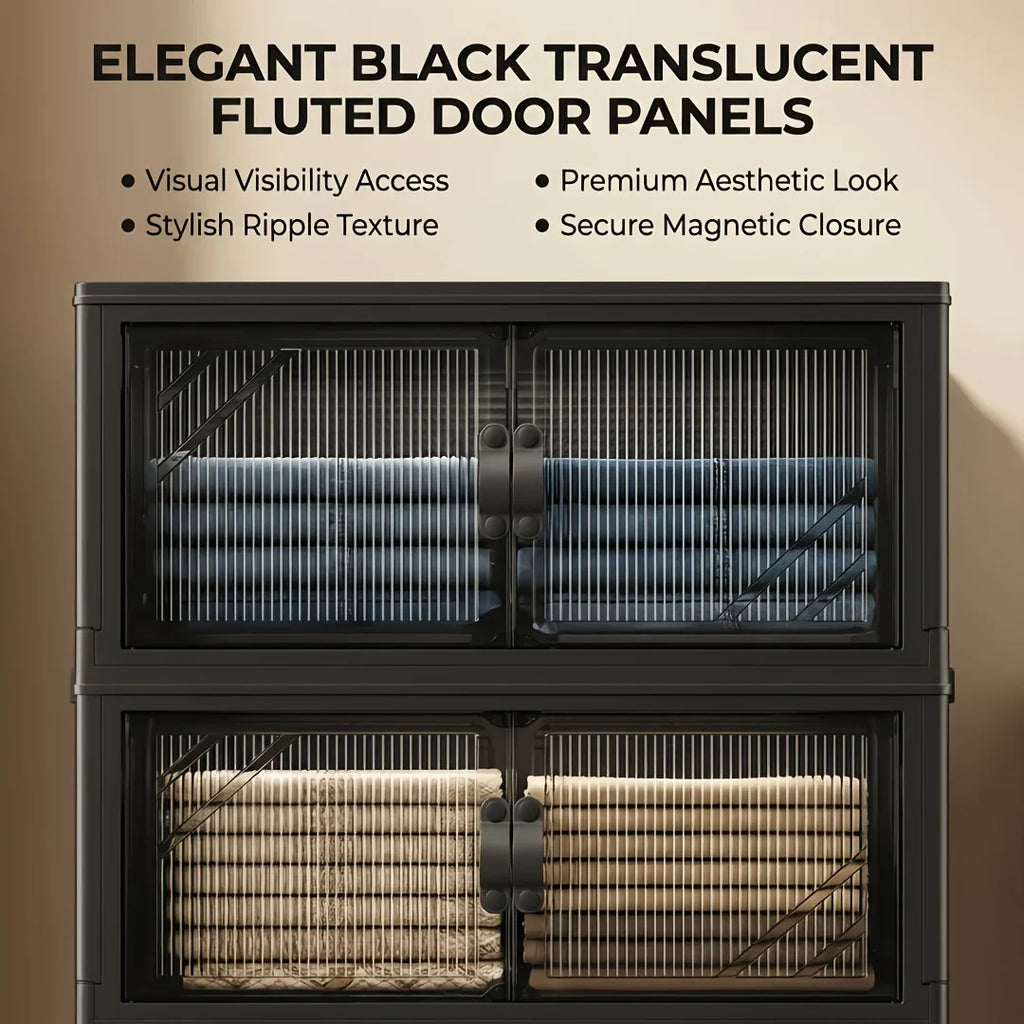 Foldable and stackable cabinet with clear doors