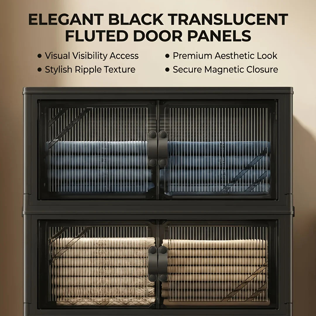 Foldable and stackable cabinet with clear doors
