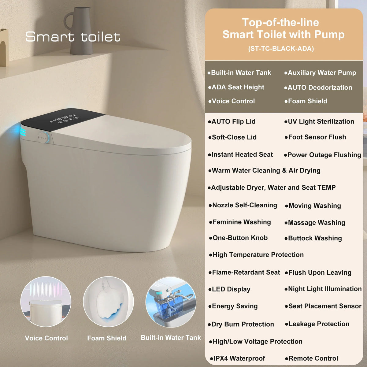 Smart Toilet with Built-in Bidet, AUTO Open/Close