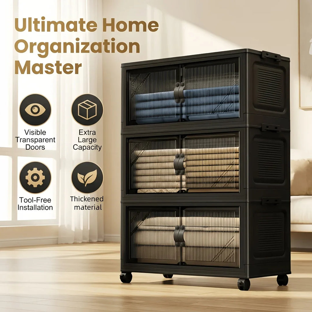 Foldable and stackable cabinet with clear doors