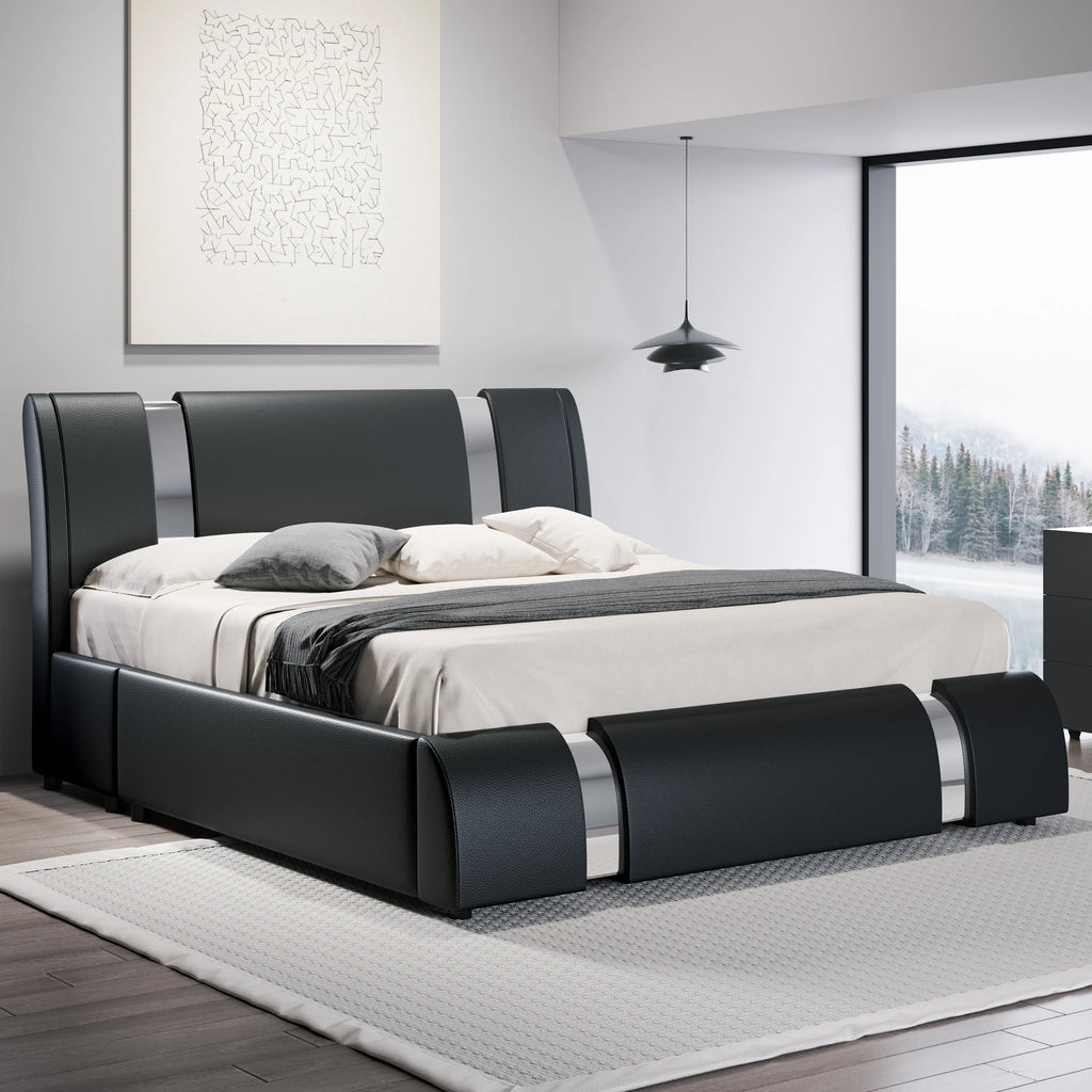 Faux Leather Bed Frame with Iron Pieces Decor