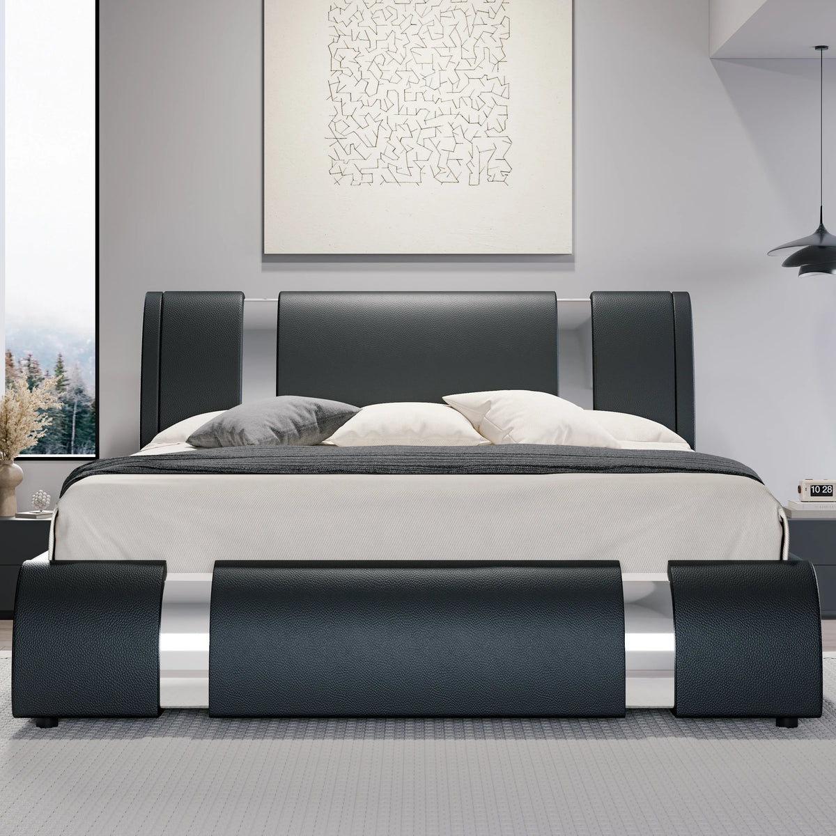 Faux Leather Bed Frame with Iron Pieces Decor