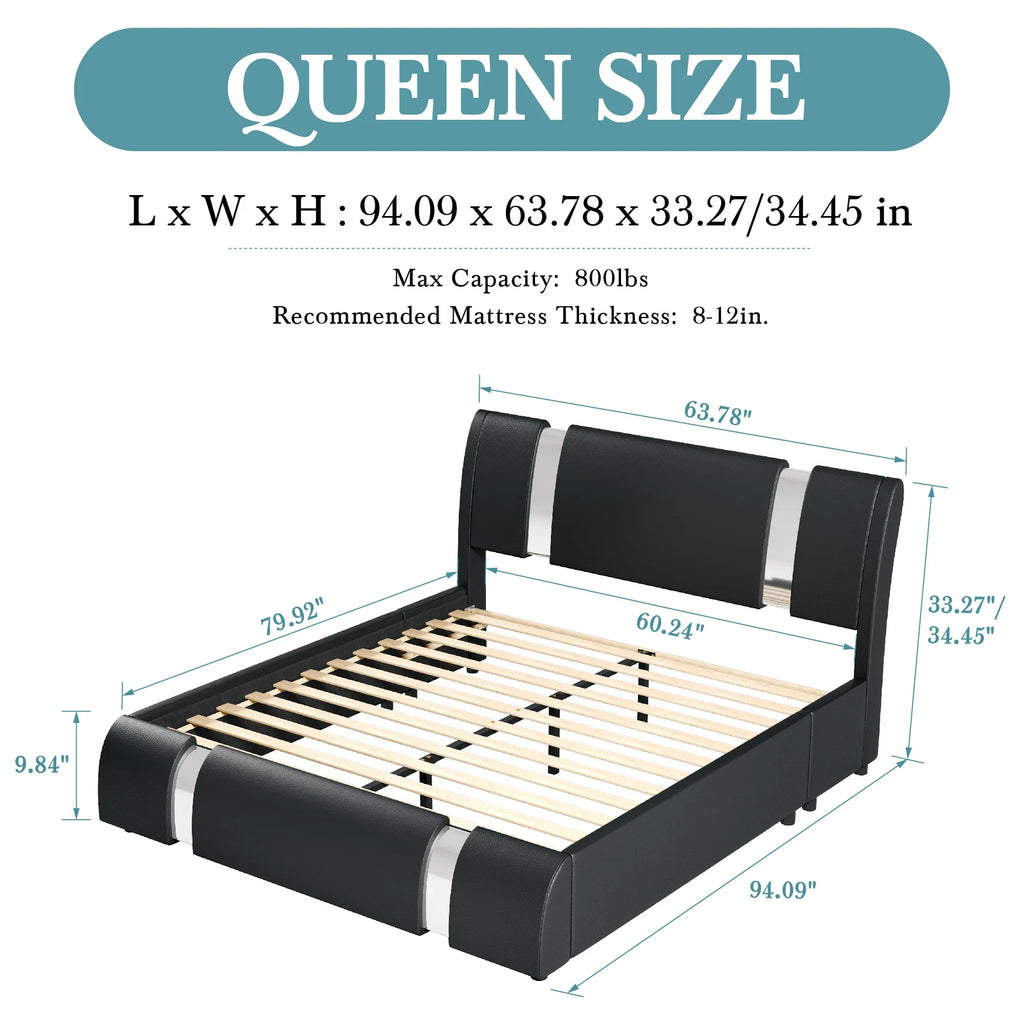 Faux Leather Bed Frame with Iron Pieces Decor