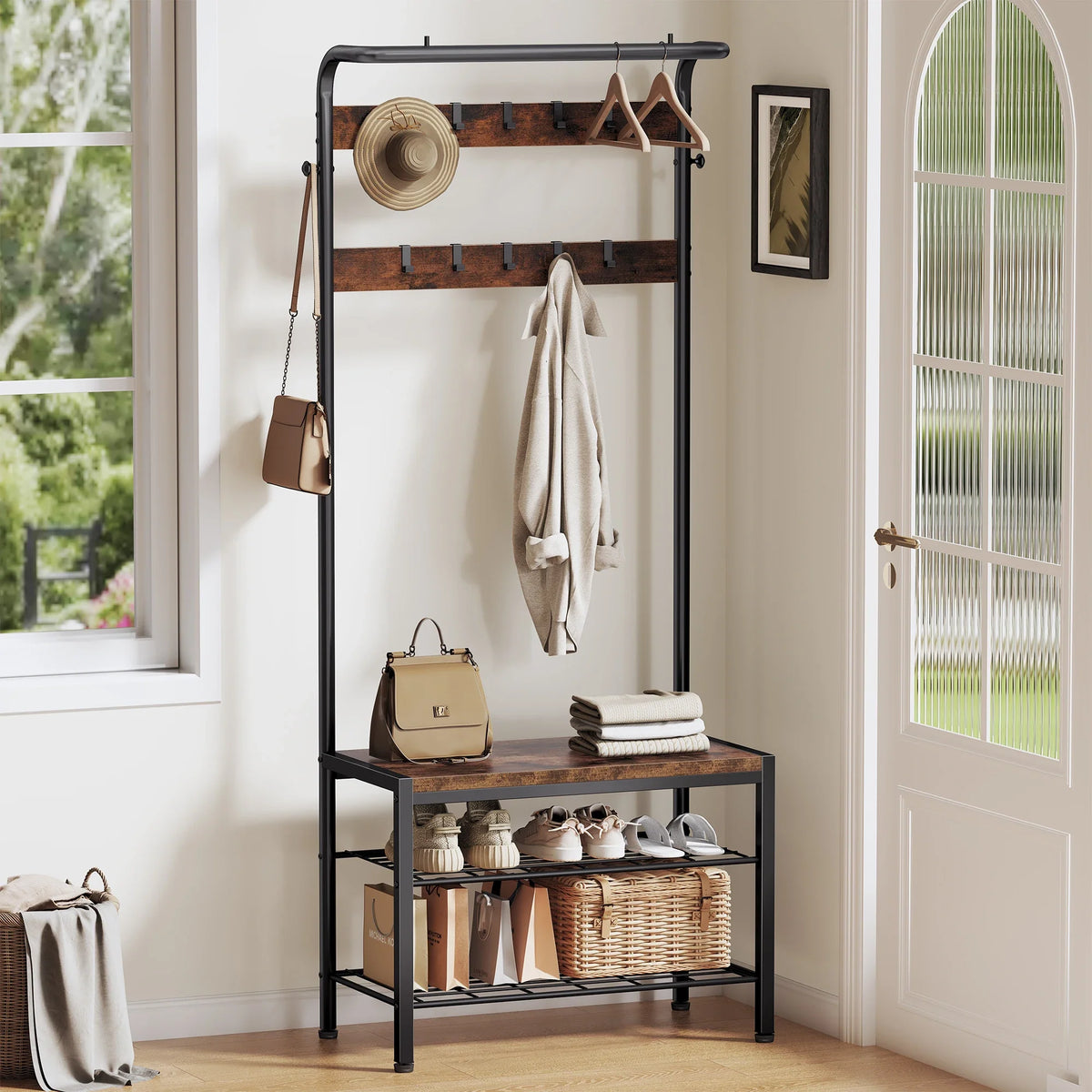 Coat Rack Shoe Bench with Hooks