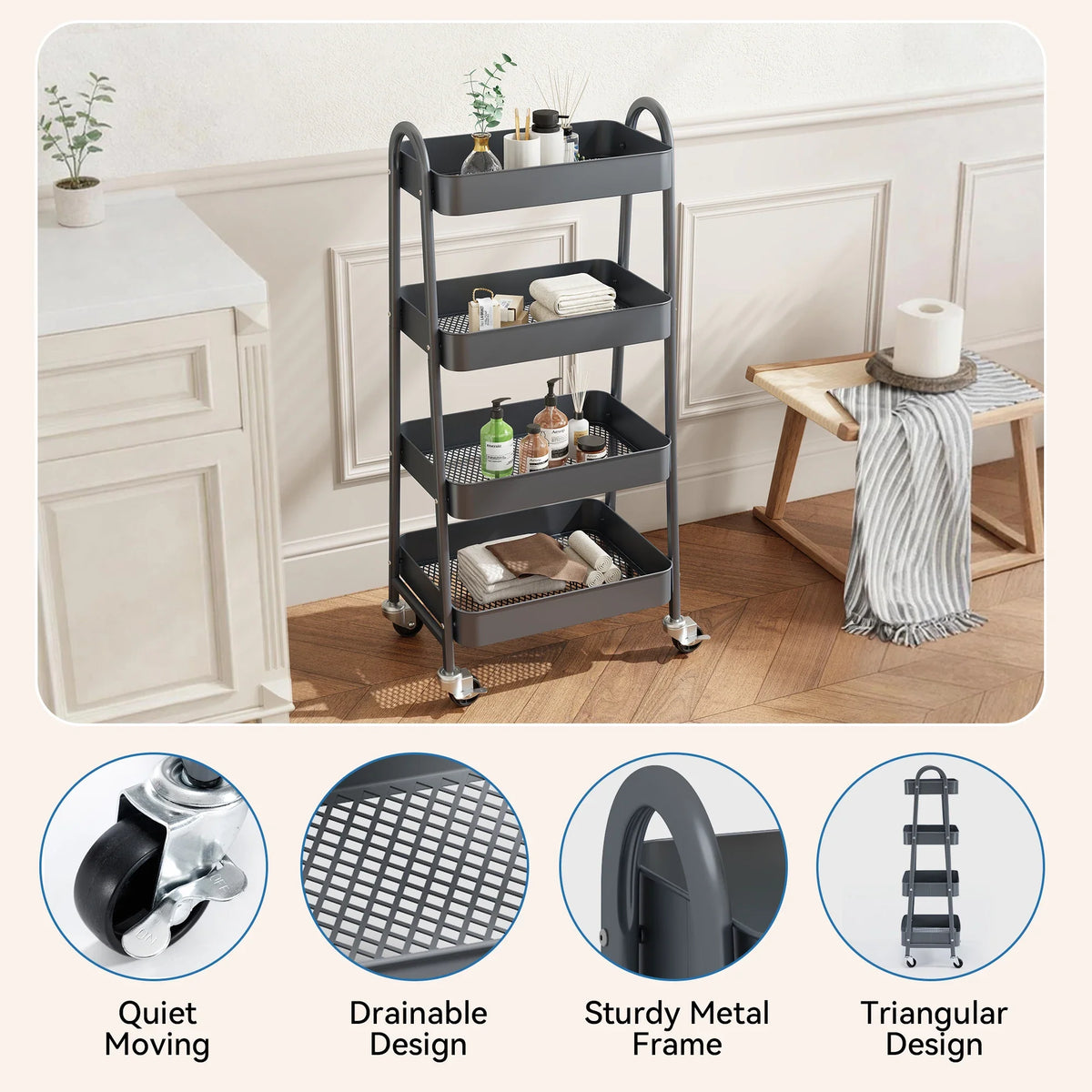 4-Tier Storage Kitchen Cart with Lockable Wheels