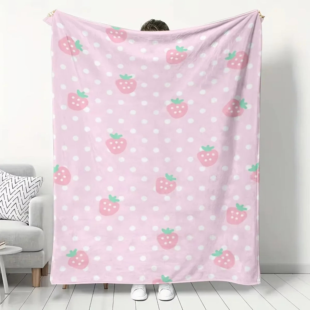 Pink Strawberry Print Flannel Blanket