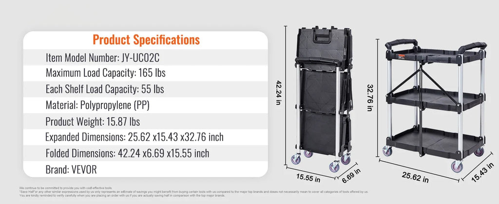 3-Tier Folding Rolling Utility Storage Cart
