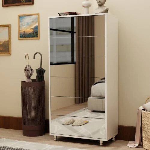 Mirror Shoe Cabinet With 6 Flip Drawers