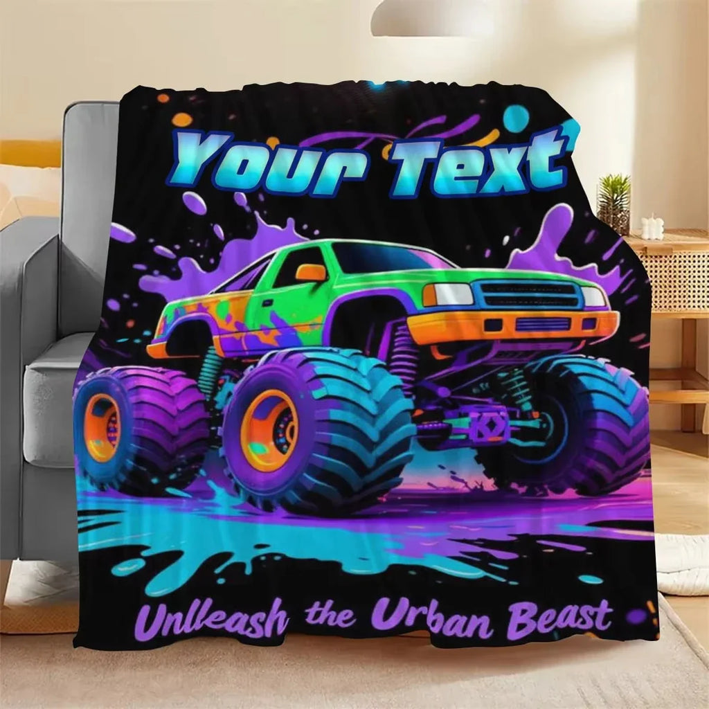 Personalized Name Cartoon Monster Truck Flannel Blanket