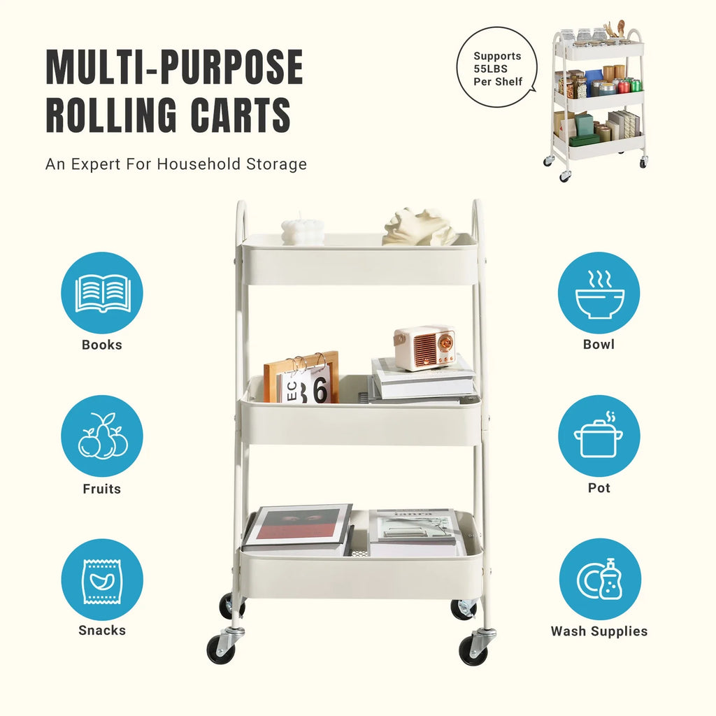 3-Tier Storage Kitchen Cart with Lockable Wheels
