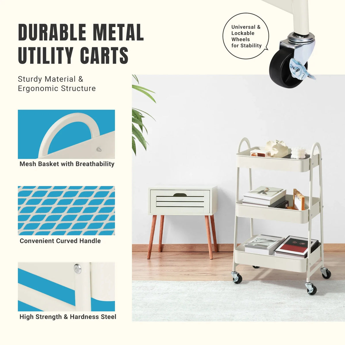 3-Tier Storage Kitchen Cart with Lockable Wheels
