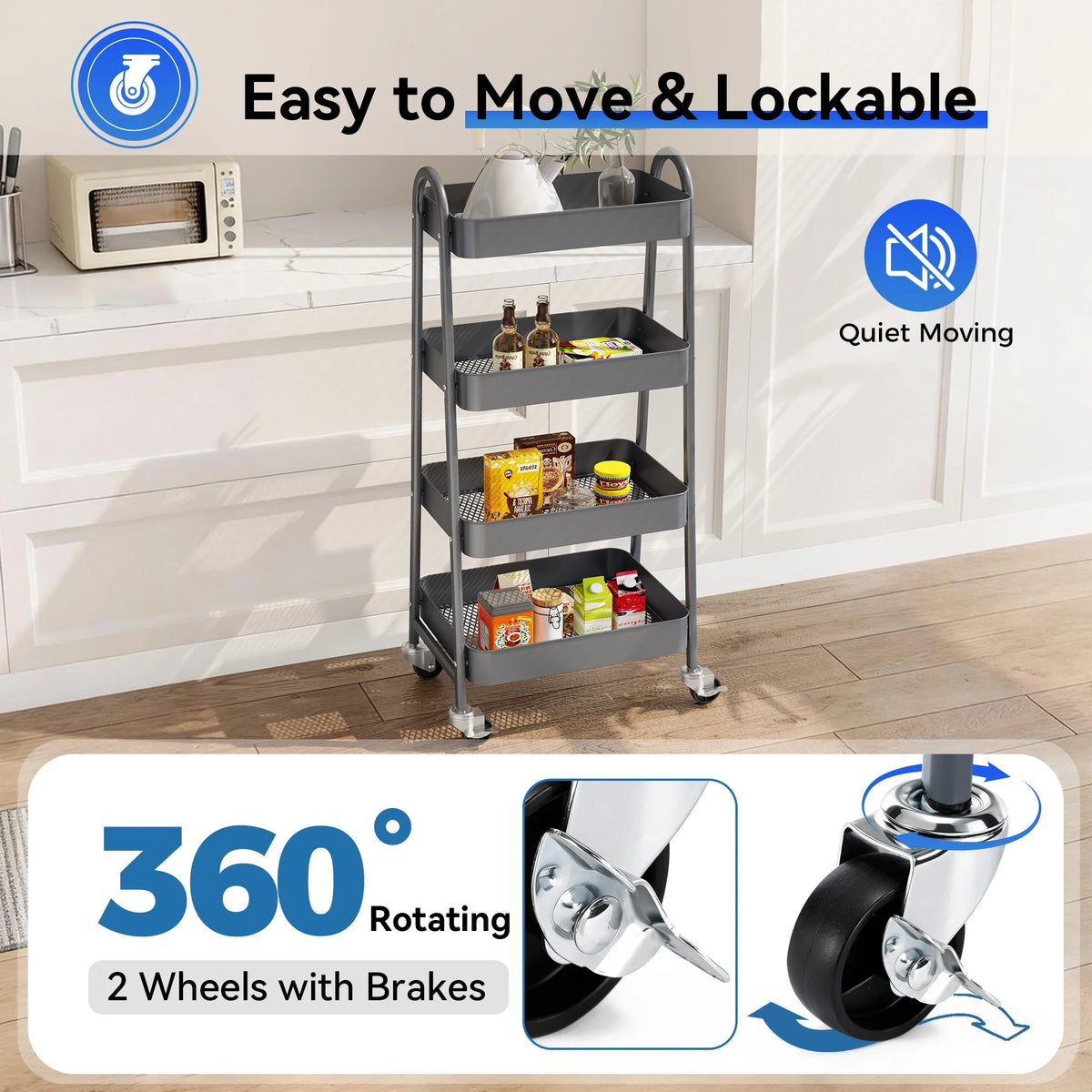 4-Tier Storage Kitchen Cart with Lockable Wheels