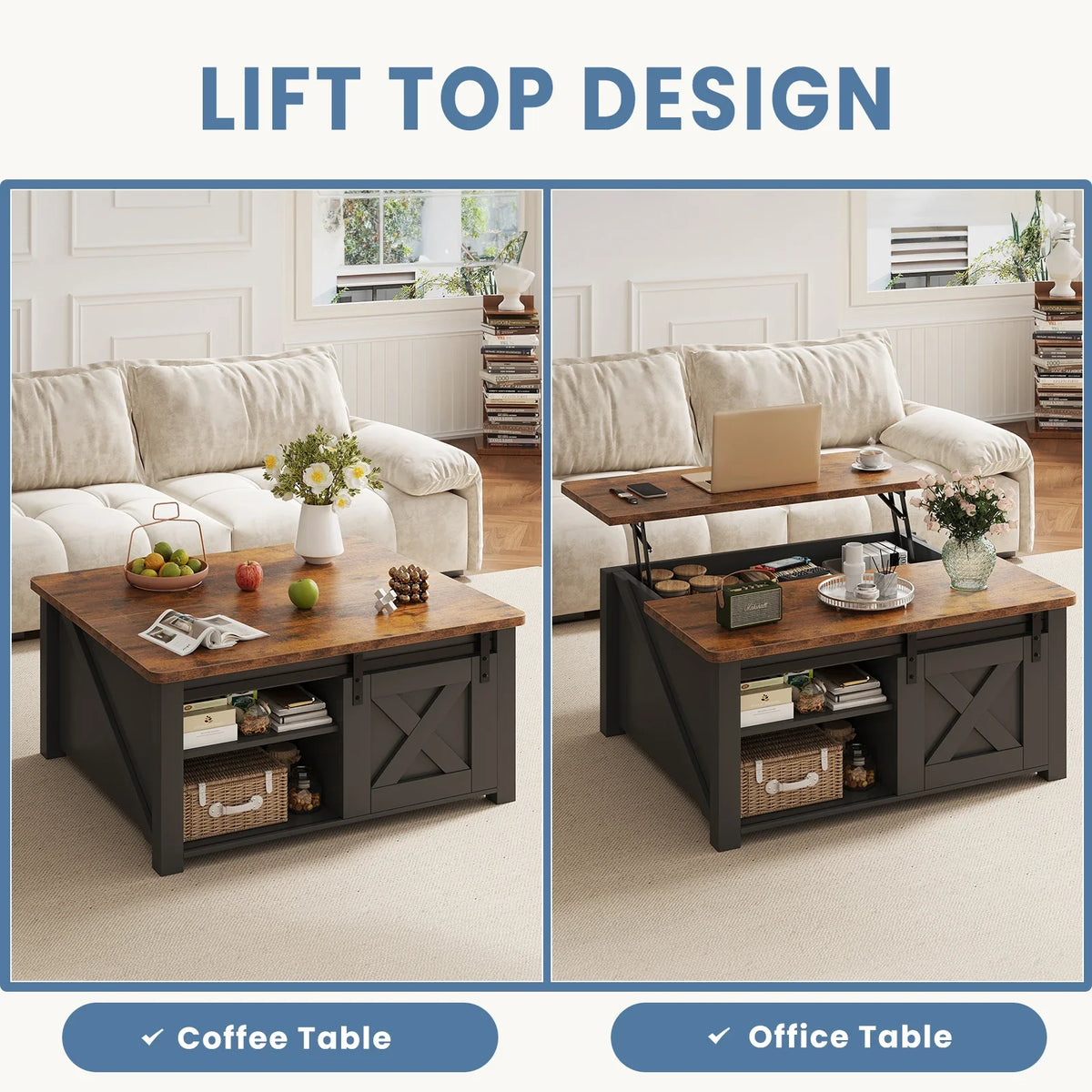 31.5In Wood Lift-Top Coffee Tables with Storage
