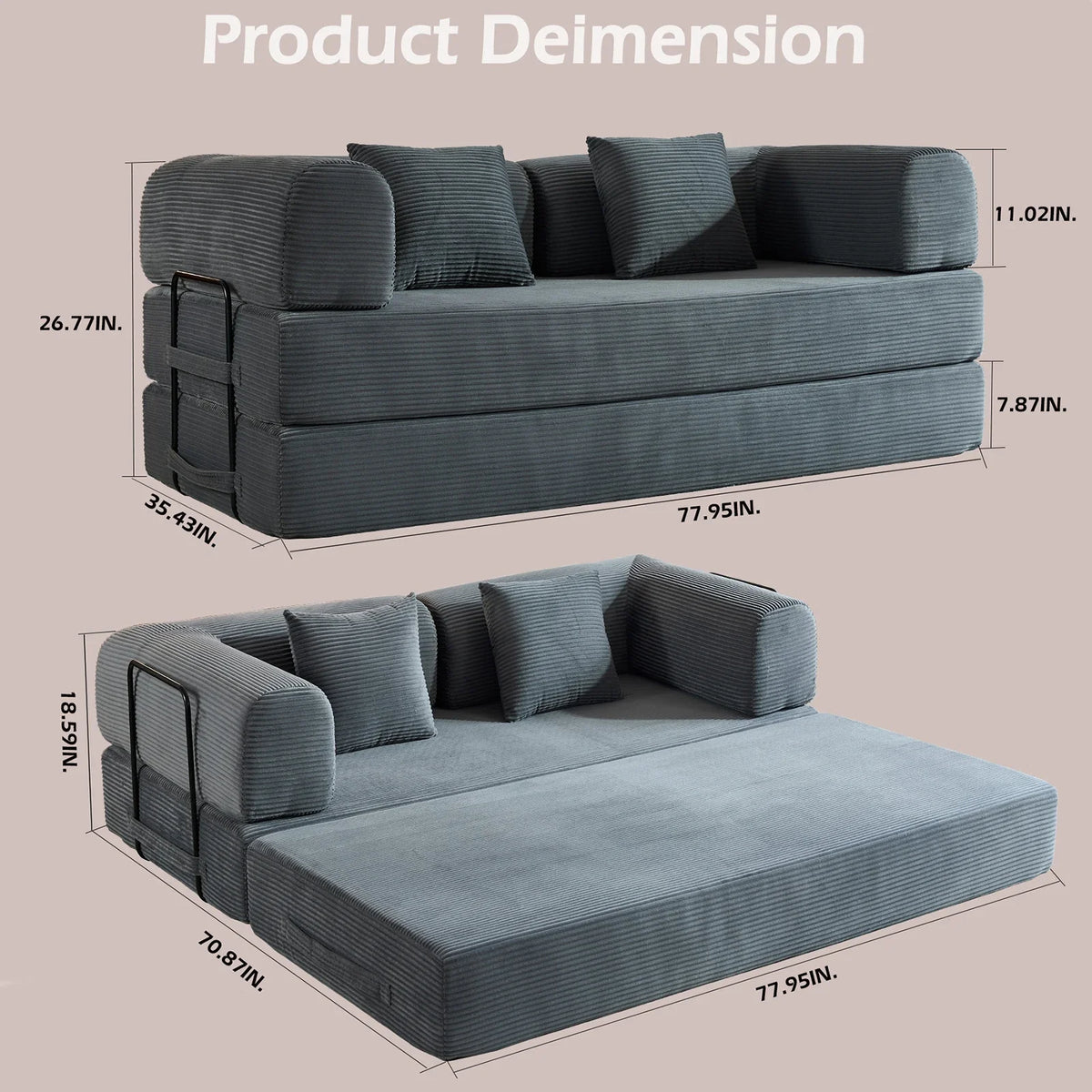 79" Folding Corduroy Futon Sofa Bed