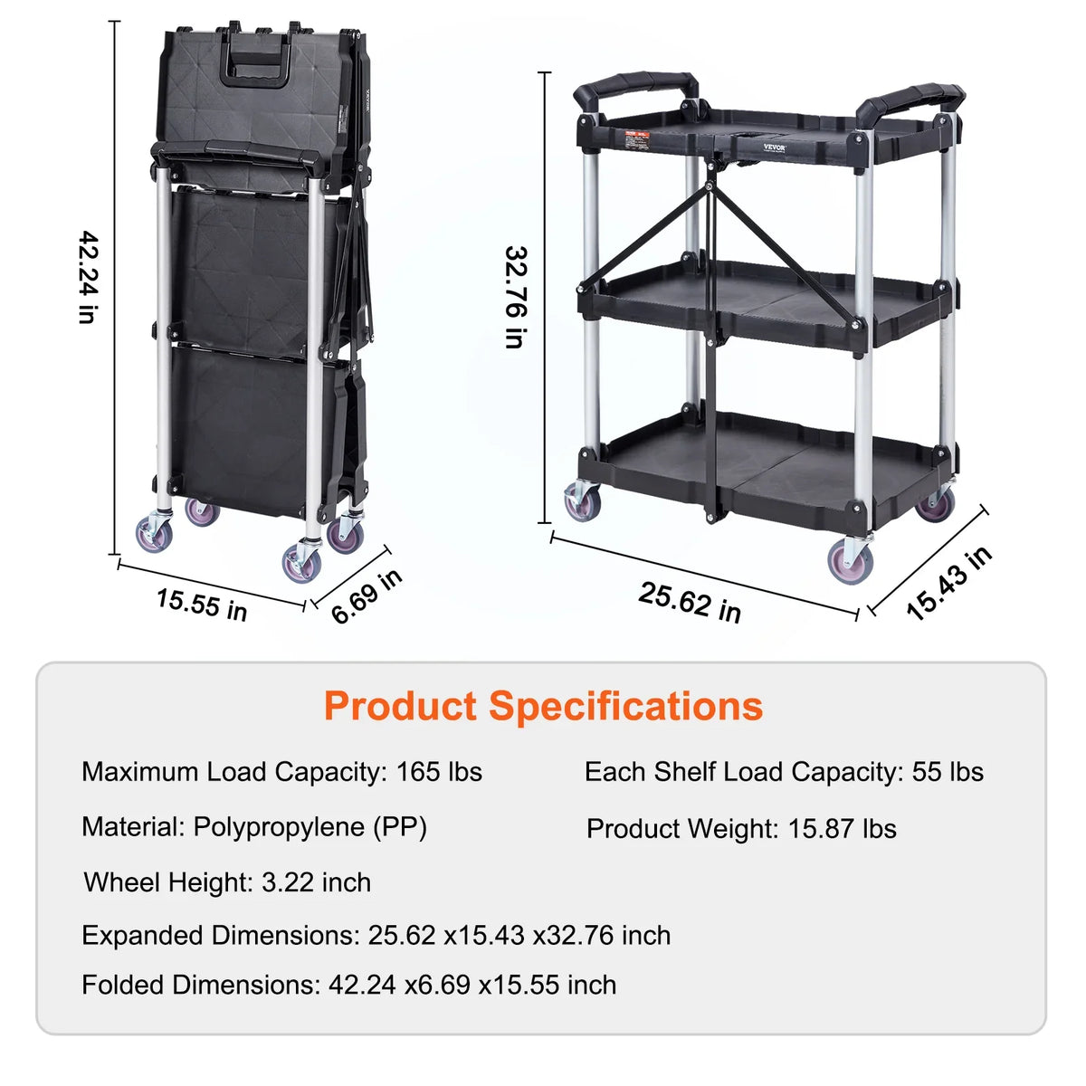 3-Tier Folding Rolling Utility Storage Cart