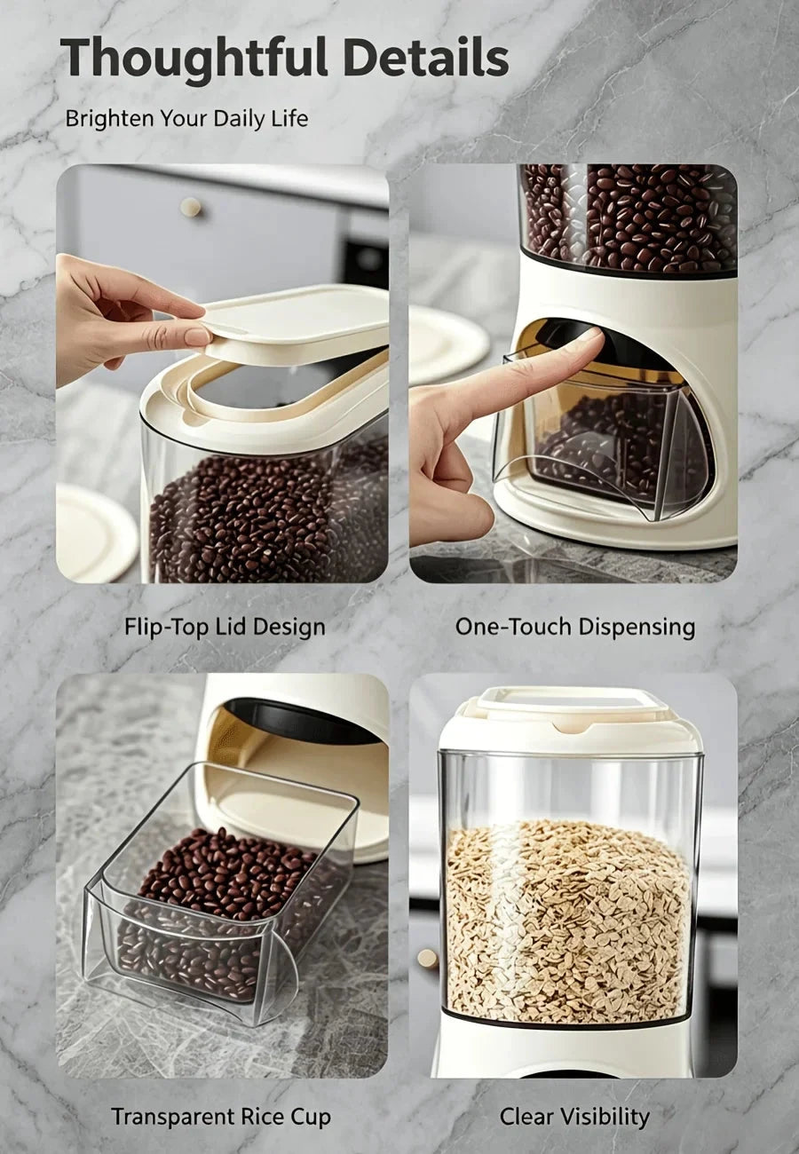 Button-Operated Dry Food Dispenser with measuring cup