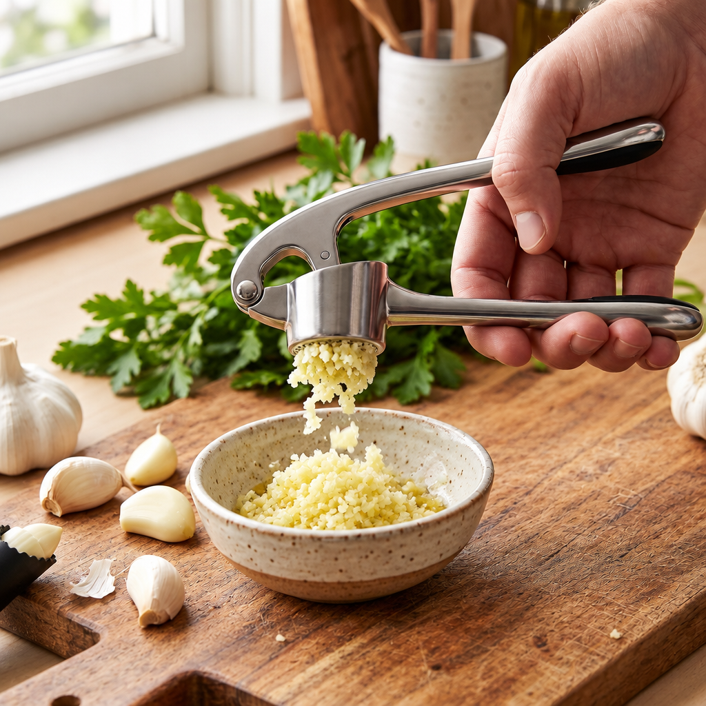 Garlic Press mincing fresh garlic